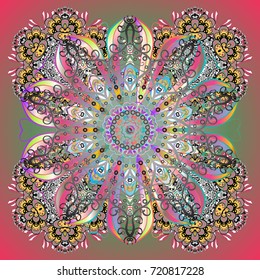 Abstract winter ornament. Round vector snowflake. Isolated cute snowflakes on colorful background. Fine snowflake. Vector illustration.