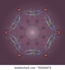 Abstract winter ornament. Vector illustration. Isolated cute snowflakes on colorful background. Round vector snowflake. Fine snowflake.