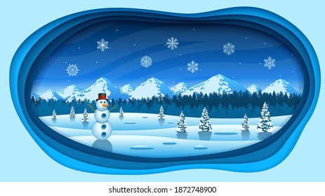 Abstract Winter Paper Cut Background With Trees Mountains Snowman Snowflakes Vector Design Style