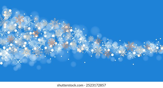 An abstract winter pattern featuring a mix of white and gold snowflakes on a bright blue background.