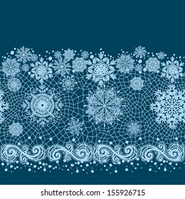 Abstract winter pattern.Lace from snowflakes.The lace strip for decoration.Winter theme,holidays.Template frame design for card.Lace Doily.Used for packaging, invitations 