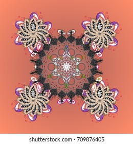 Abstract winter pink, gray and orange ornament. Vector illustration. Isolated cute snowflakes on colorful background. Fine snowflake. Round vector snowflake.