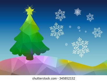 Abstract winter polygon background with Christmas tree and snowflakes, illustration.