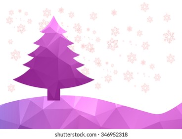 Abstract winter polygon background with Christmas tree and snowflakes, illustration.