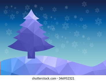 Abstract winter polygon background with Christmas tree and snowflakes, illustration.