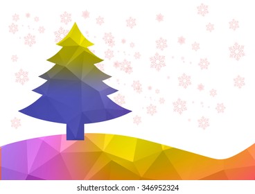 Abstract winter polygon background with Christmas tree and snowflakes, illustration.