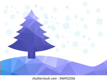 Abstract winter polygon background with Christmas tree and snowflakes, illustration.
