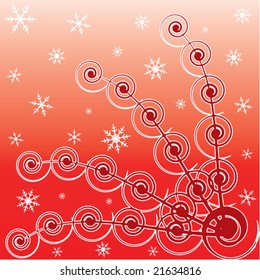 Abstract winter red background with ornament and snowflakes.