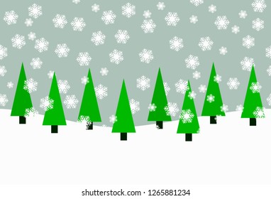 Abstract winter repeating background. Winter landscape with pines and snowflakes. Falling snow. Merry Christmas and New Year greeting card.