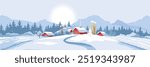 Abstract winter rural landscape with farm house. Vector illustration, wheat fields and meadows. Christmas time.