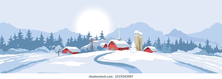 Abstract winter rural landscape with farm house. Vector illustration, wheat fields and meadows. Christmas time.