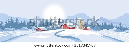 Abstract winter rural landscape with farm house. Vector illustration, wheat fields and meadows. Christmas time.