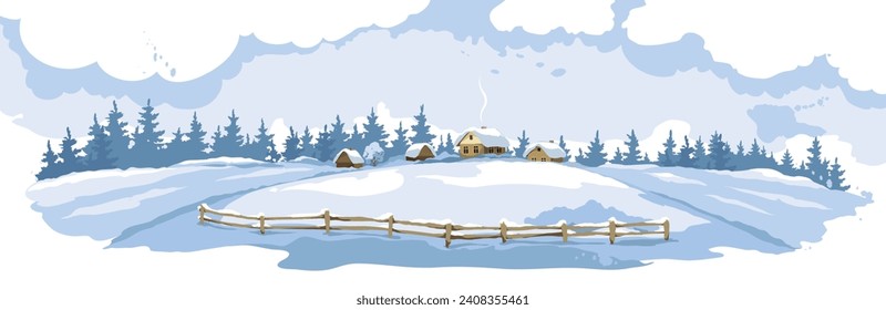 Abstrakte Winterlandschaft mit altem Dorf. Vektorgrafik, Weizenfelder und Wiesen. Weihnachtszeit.	