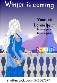 Abstract winter sale design with a place for text. Vector illustration of a beautiful fantasy girl with long white hair and a dragon bracelet on a background with mountains. Frozen ice text is melting