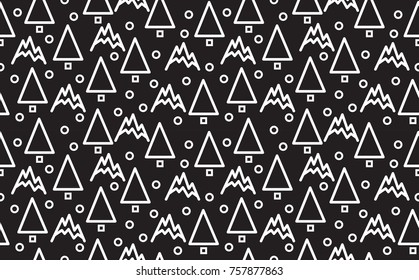 Abstract winter seamless pattern with christmas trees, mountains  and snow.  Winter wood background. Geometric style. Vector.