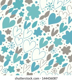 Abstract winter seamless pattern with many cute details. Decorative doodle background with hearts and flowers. Hand drawn damask texture for wallpapers, crafts, prints, textile