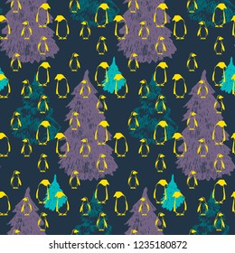 Abstract winter seamless pattern with penguins and fir trees. Vector Christmas background.