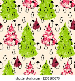 Abstract winter seamless pattern with penguins and fir trees. Vector Christmas background.