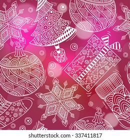 Abstract winter seamless red pattern. Xmas vector background texture with bokeh effect.  New year 2016 print.  Wallpaper, fabric, paper, wrapping, postcards, textile. Hand drawn