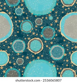 Abstract winter seamless vector pattern illustration with planets, snow balls, falling snow and shining stars. Great for seasonal wrapping paper, decorations and greeting cards.