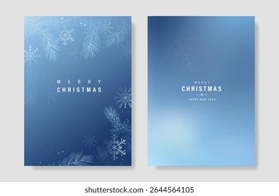 Abstract winter season gradient poster background set. Minimalist cover with snowflake, pine leaves on blue background. Modern Christmas wallpaper for festival, card, promotion, Happy New Year, ads.