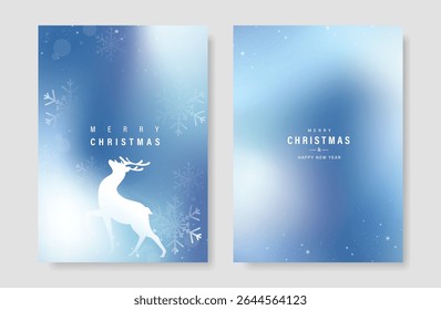 Abstract winter season gradient poster background set. Minimalist cover with snowflake, reindeer on blue background. Modern Christmas wallpaper for festival, card, promotion, Happy New Year, ads.