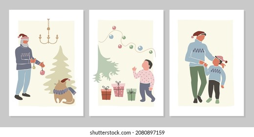 Abstract winter set of Christmas and New Year holiday greeting cards with family, children, Christmas tree. Hand drawn vector flat illustration. Design for pattern,  posters, invitation, greeting card