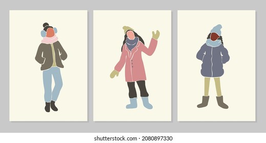 Abstract winter set of Christmas and New Year holiday greeting cards with young women. Hand drawn vector flat illustration. Design for pattern,  posters, invitation, greeting card 