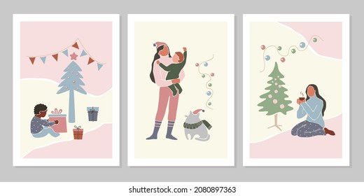 Abstract winter set of Christmas and New Year holiday greeting cards with family, children, Christmas tree. Hand drawn vector flat illustration. Design for pattern, posters, invitation, greeting card