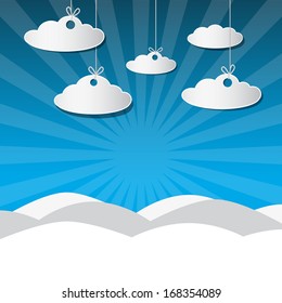 Abstract Winter Snow Scene with Paper Clouds, Blue Sky