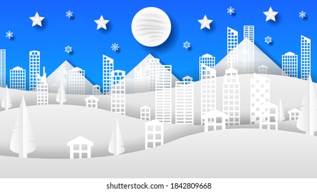 Abstract Winter Snowflake Paper Cut Background With Town City Mountains And Stars Vector