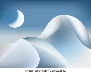 Abstract winter snowy mountain and crescent moon night landscape illustration