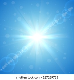 Abstract winter sun light flare vector background. Bright blue and white flash backdrop. 