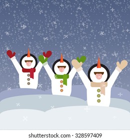 Abstract winter template for Christmas card with cute and funny snowmen