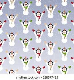 Abstract winter template for Christmas card with cute and funny snowmen. Winter pattern