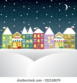 Abstract winter template for Christmas card with cute and colorful houses. Winter background
