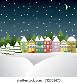 Abstract winter template for Christmas card with cute and colorful houses and trees. Winter background