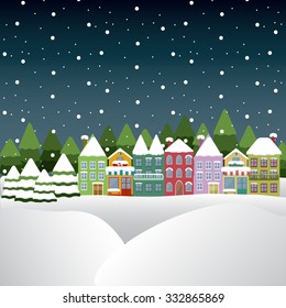 Abstract winter template for Christmas card with cute and colorful houses and trees. Winter background