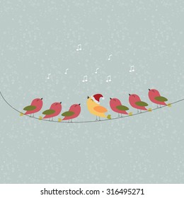 Abstract winter template for Christmas with cute birds on a wire and snowing background