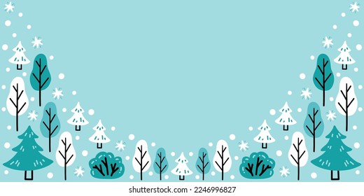 Abstract winter template with snowy trees, snowflakes on blue background. Vector illustration hand drawn in doodle style for cards, posters, sale banners design
