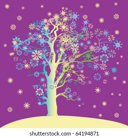 abstract winter tree background with colored snowflakes
