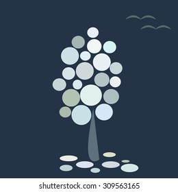 Abstract winter tree, template for card with birds