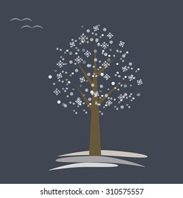 Abstract winter tree, template for Christmas card, twilight background with birds