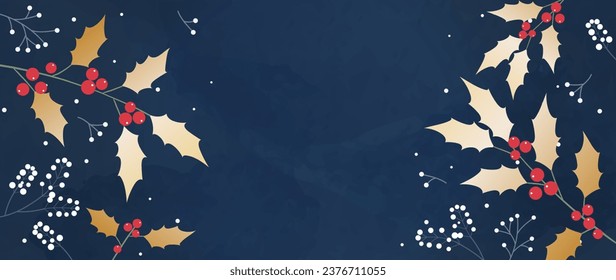 Abstract winter vector art. Background with golden leaves and branches of holly, on a snow-blue background. Illustration for web design, social media banner, marketing materials.	