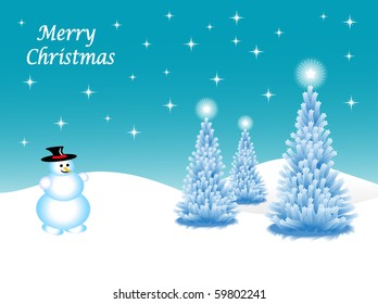 Abstract winter vector background scene with a snowman and snowy christmas trees saved in EPS10 format