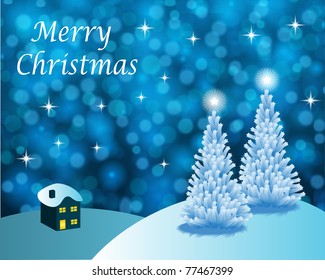 Abstract winter vector background scene with  snowy christmas trees.