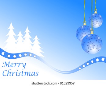 Abstract winter vector background scene with  snowy christmas trees and baubles