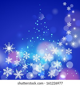 Abstract winter vector  blue background with snowflakes and Christmas tree.