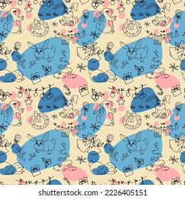 Abstract winter vector pattern. Winter pattern with hares and Christmas tree. Christmas. Winter holidays. Winter. December. New Year. Rabbit. Christmas tree. Garland.