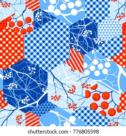 Abstract winter vector seamless pattern of rags with silhouette of berries and branches of rowan and geometric ornament, in bright red, blue and white tones
